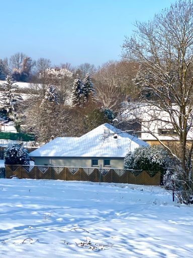 Schneebedecktes Haus in einer winterlichen Landschaft mit Bäumen im Hintergrund.