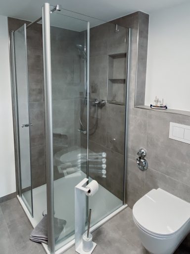 Moderne Badezimmer mit verglaster Dusche und WC, grauen Fliesen und Handtuchhalter.